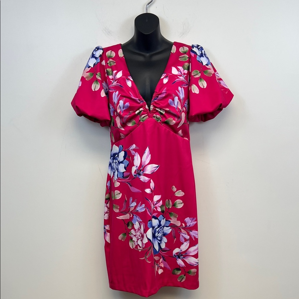 Guess Pink Floral V-Neck Poofy Sleeved Dressy Summer Spring Chic Dress Size 10